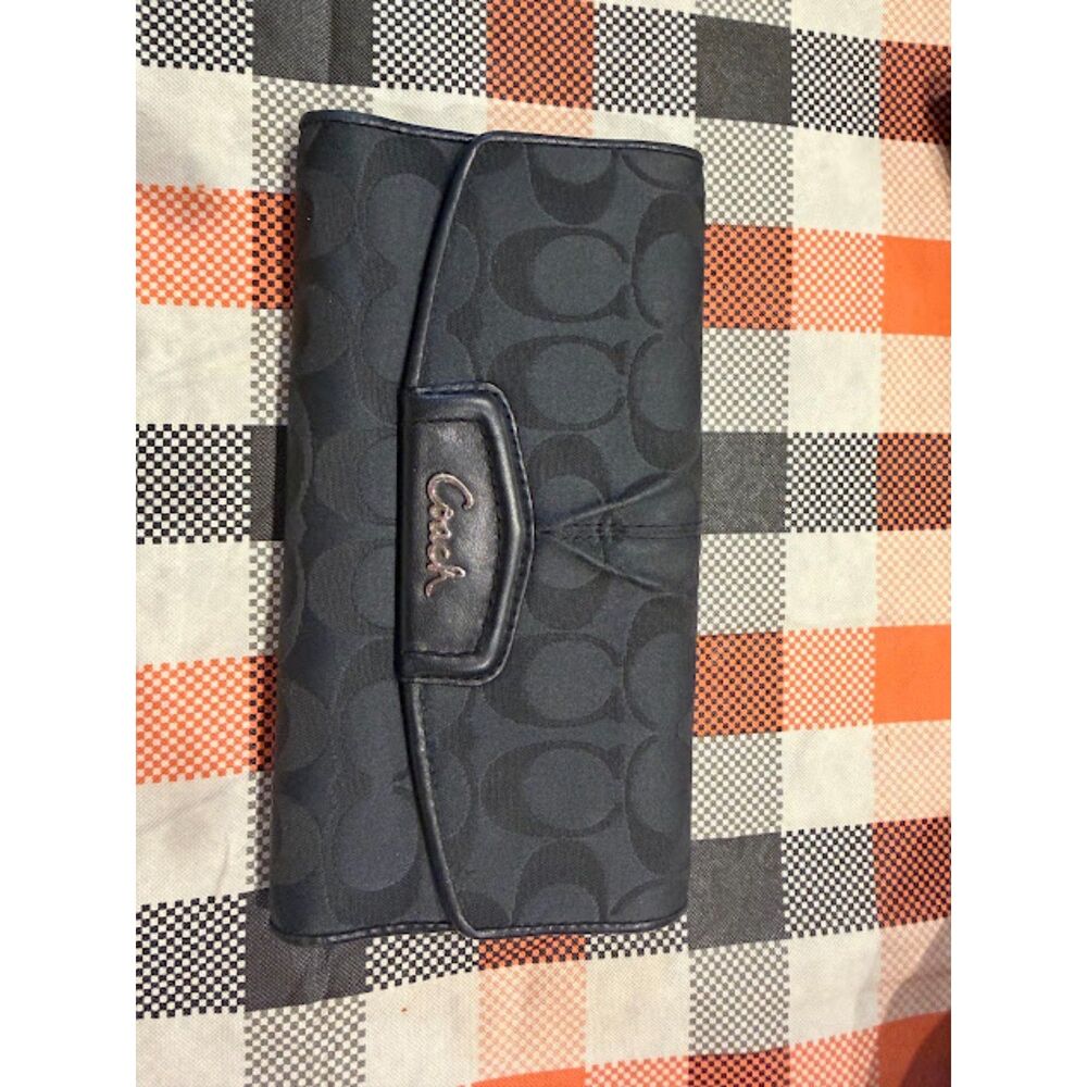 Coach Ashley Signature Sateen Checkbook Wallet Trifold Black y2k C Logo Print - Picture 2 of 6